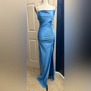 Honey and Rosie Sky Blue Spaghetti-Strap Ruched Maxi Dress